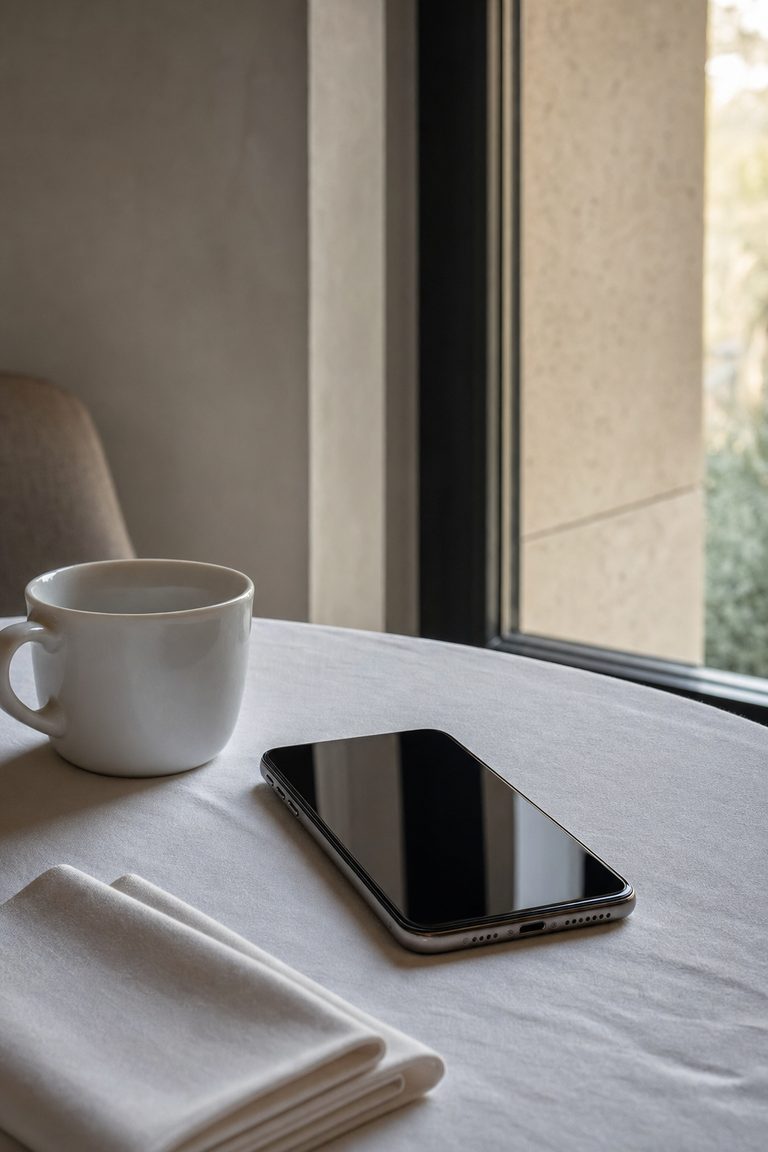 A phone face-up beside a coffee cup on a breakfast table at first light.