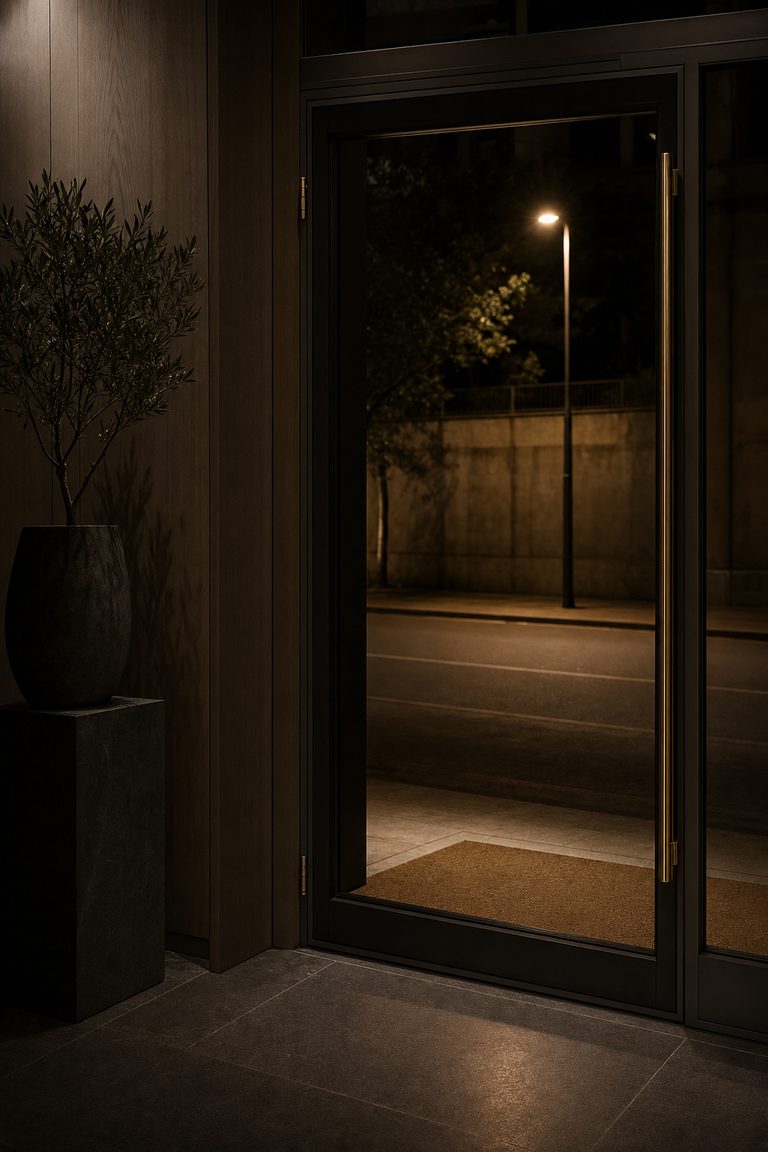 La porte d’entrée de l’hôtel, la nuit, fermée, la rue vide derrière.
