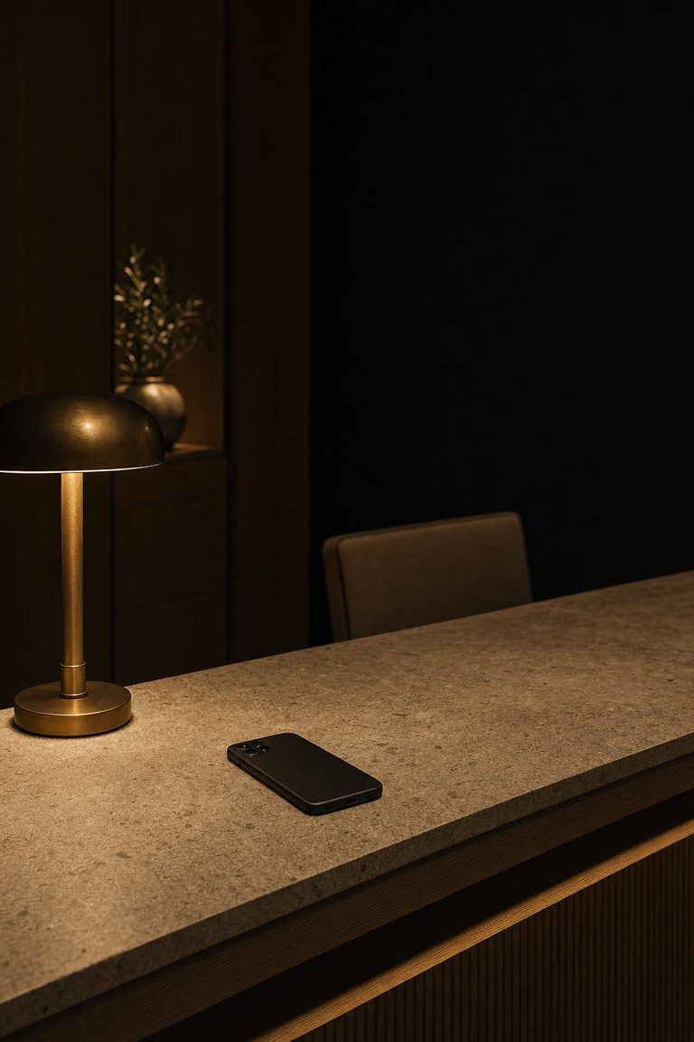 Un smartphone posé face contre le comptoir d’une réception fermée, la nuit, la chaise vide.