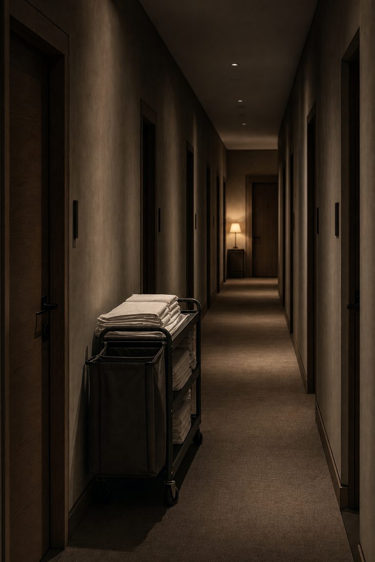 Un chariot d’étage abandonné au milieu d’un couloir d’hôtel sombre, toutes les portes closes.